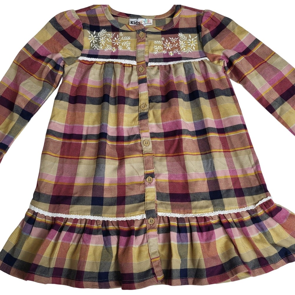 Kids Headquarters Size 5 Plaid Embroidered Floral Button Front Flannel Dress NWT